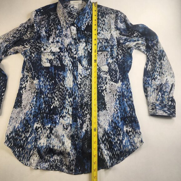 DressBarn Floral Button Up Womens Large L Blue White Pockets Stretch Wave Blouse - Picture 6 of 10
